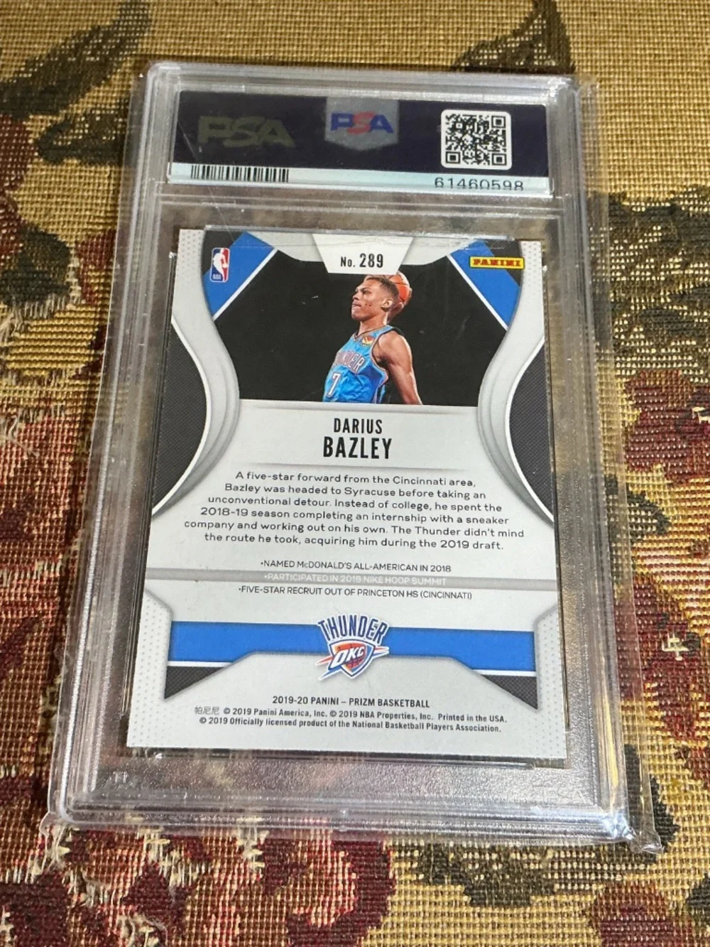 #289 Darius Bazley 2019 Panini Prizm rookie card Graded PSA 10